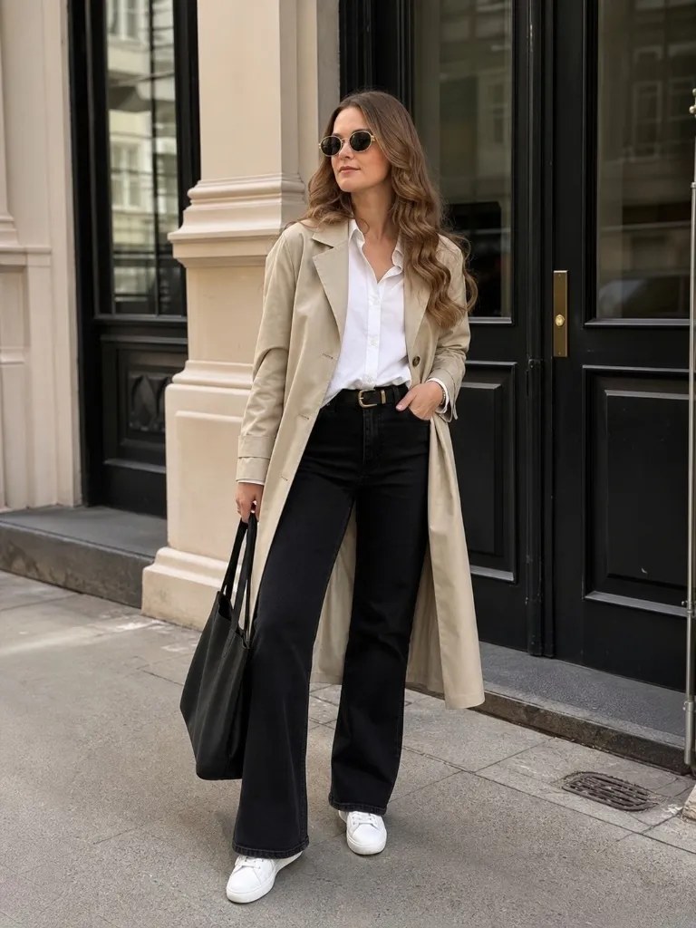 Trench coat and wide-leg jeans outfit