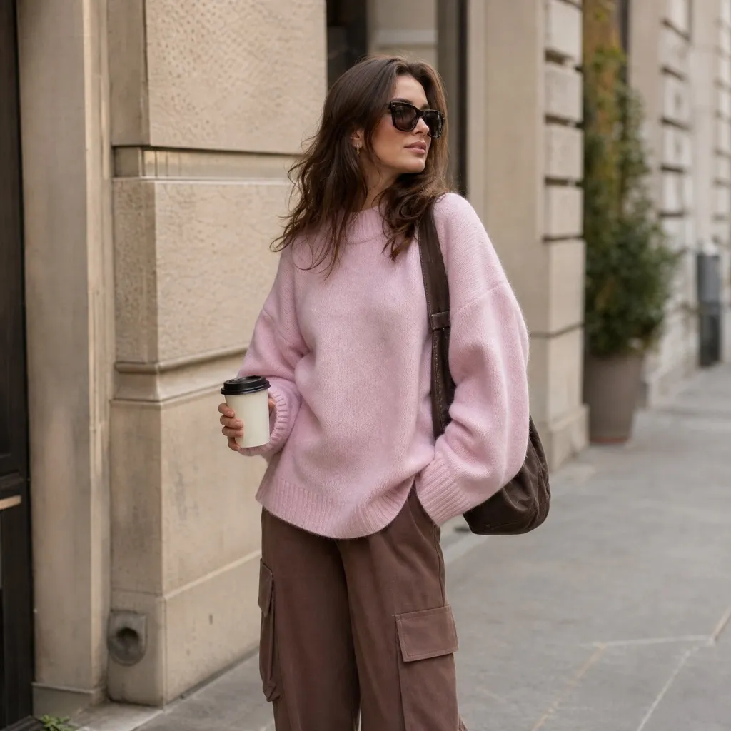 Oversized pink sweater with brown cargo pants street style look