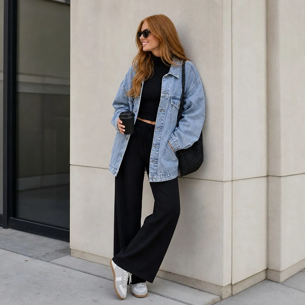 Oversized denim jacket with black wide-leg pants and sneakers