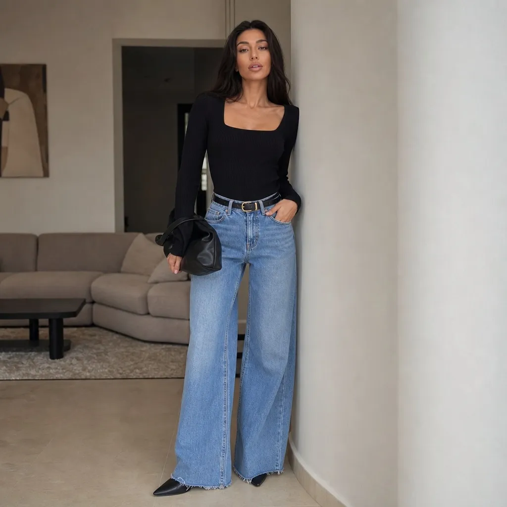 Fall denim outfit with black square-neck bodysuit and wide-leg jeans