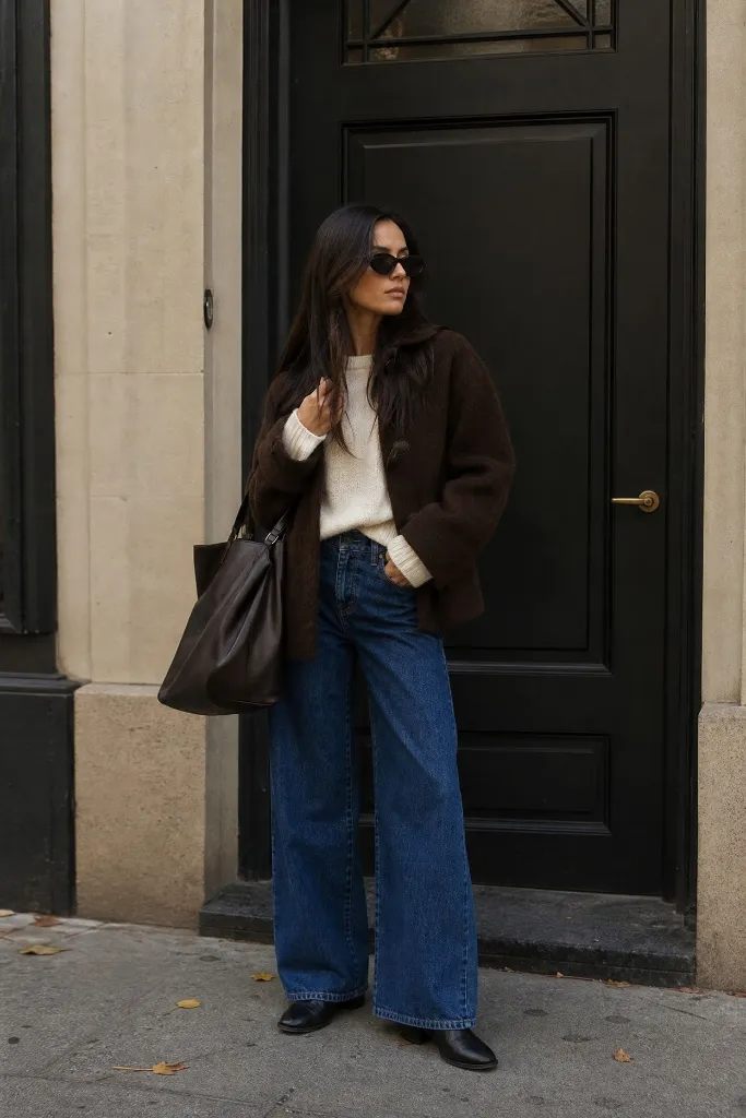 Brown teddy jacket with cream sweater and wide jeans