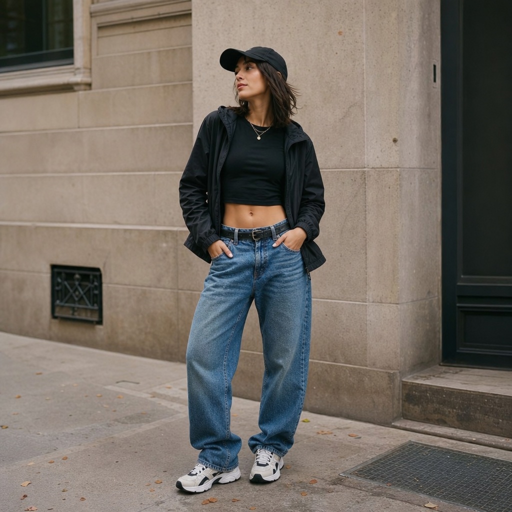 Black jacket with crop top and baggy jeans streetwear look