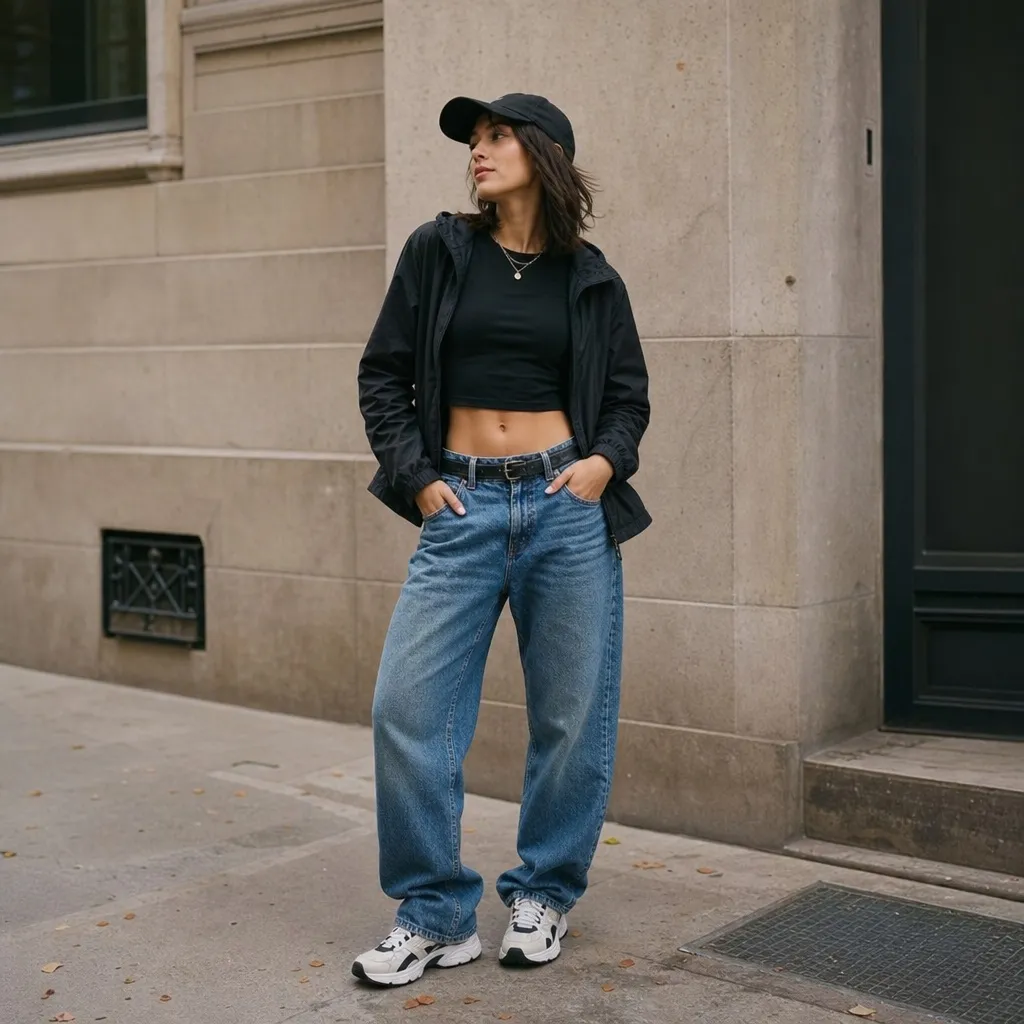 Black jacket with crop top and baggy jeans streetwear look
