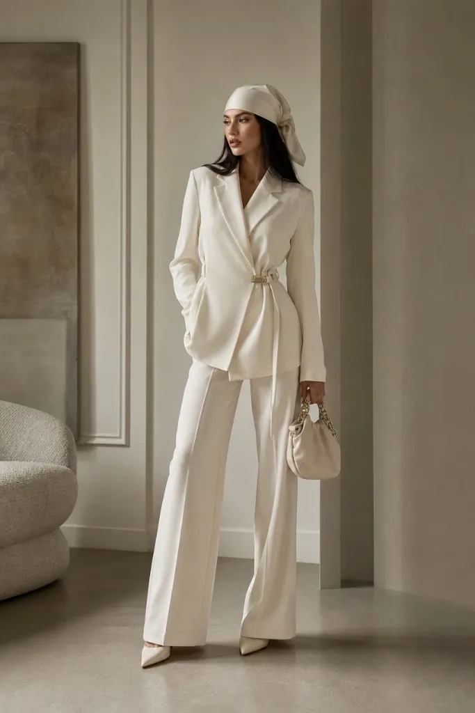 All-white belted blazer suit with silk headscarf