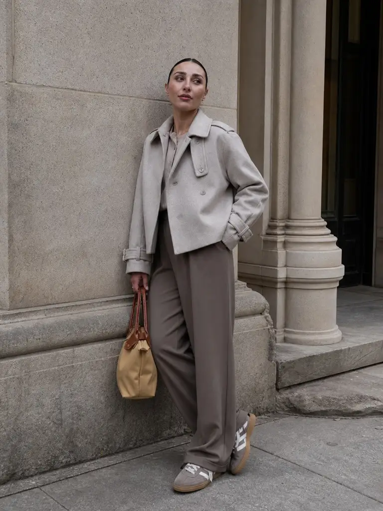 Greige cropped jacket with matching wide-leg trousers and sneakers