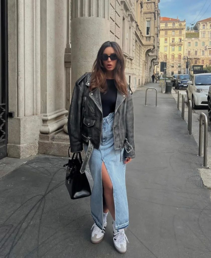 Black leather jacket with denim maxi skirt