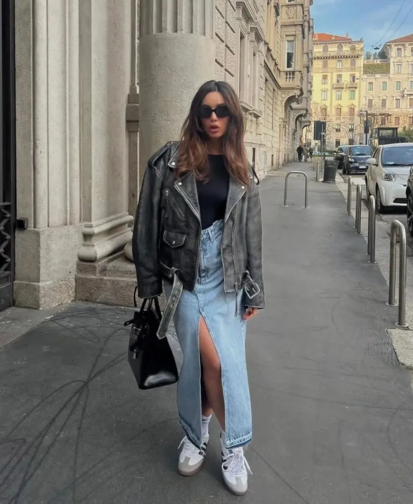 Black leather jacket with denim maxi skirt