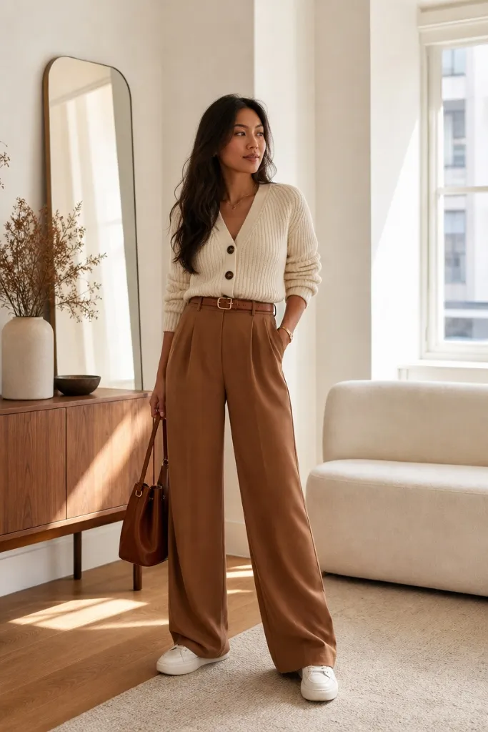 Cream ribbed V-neck cardigan with camel brown wide-leg pleated trousers and white sneakers