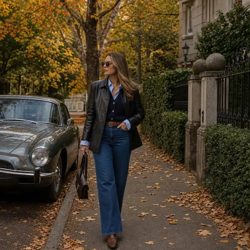 Black leather blazer with navy cardigan and flare jeans in autumn setting