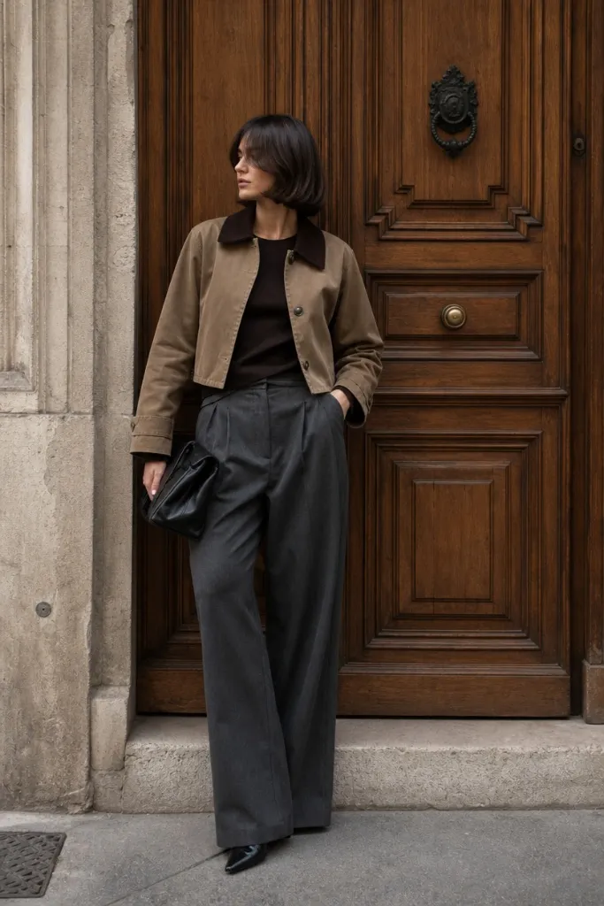 Tan cropped jacket with charcoal wide-leg trousers