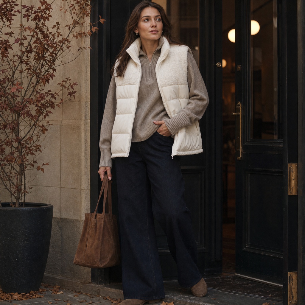 Cream puffer vest over taupe quarter-zip knit with dark wide-leg jeans