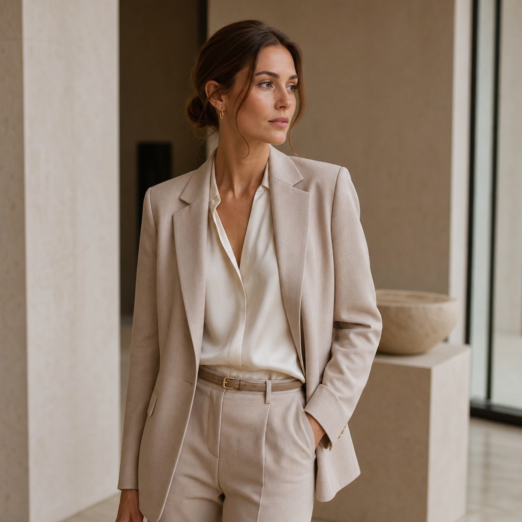 Beige linen suit with ivory silk blouse