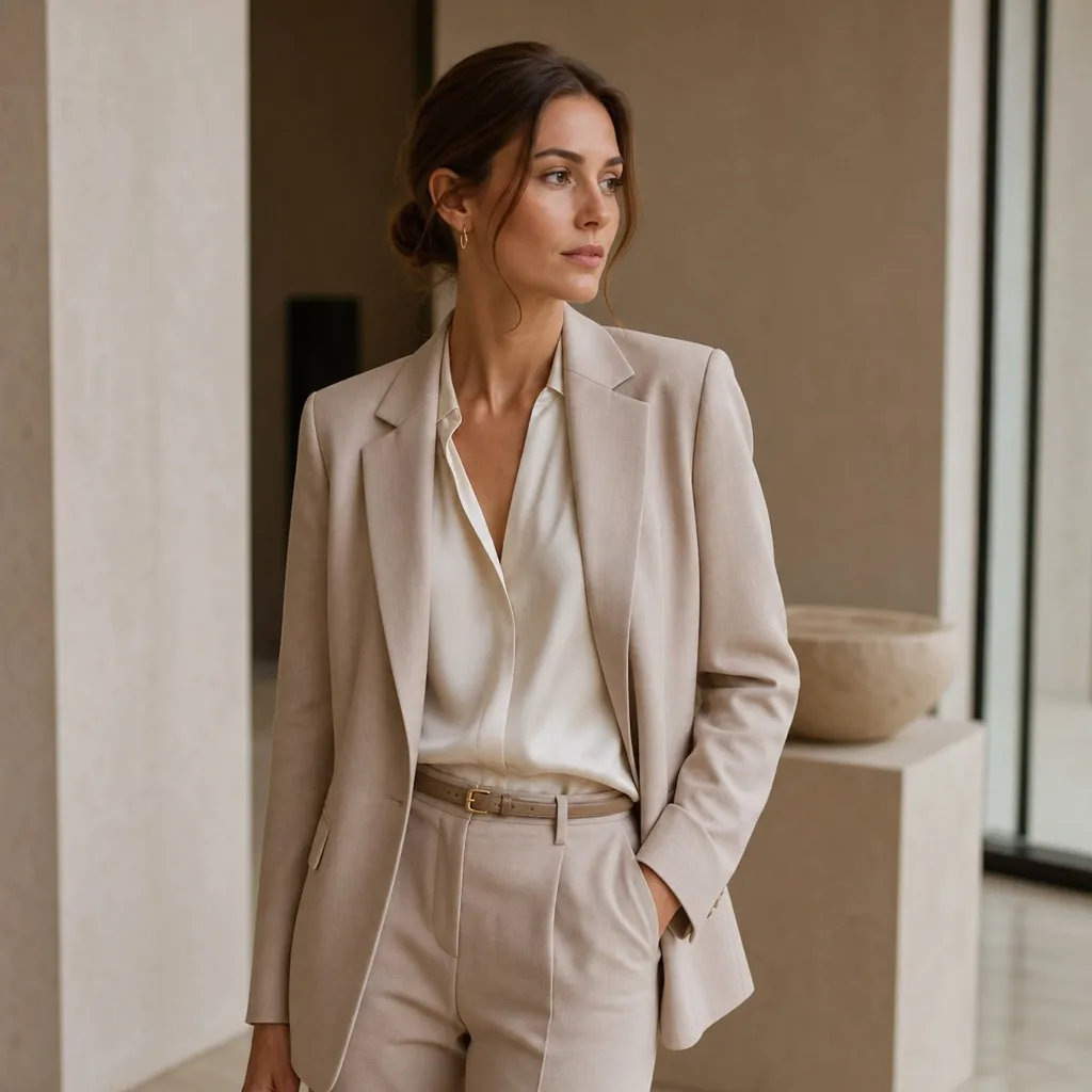 Beige linen suit with ivory silk blouse