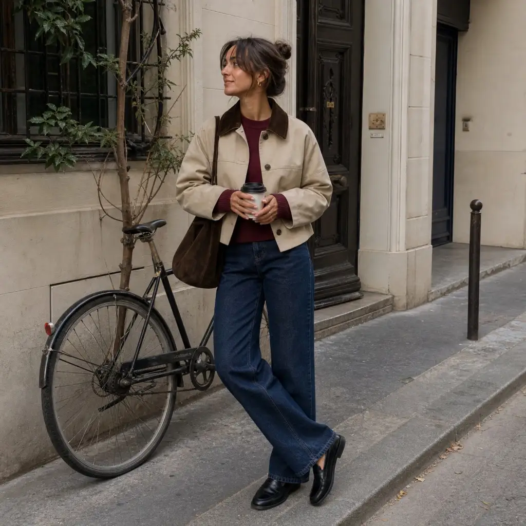 Beige bomber jacket with burgundy sweater and dark jeans