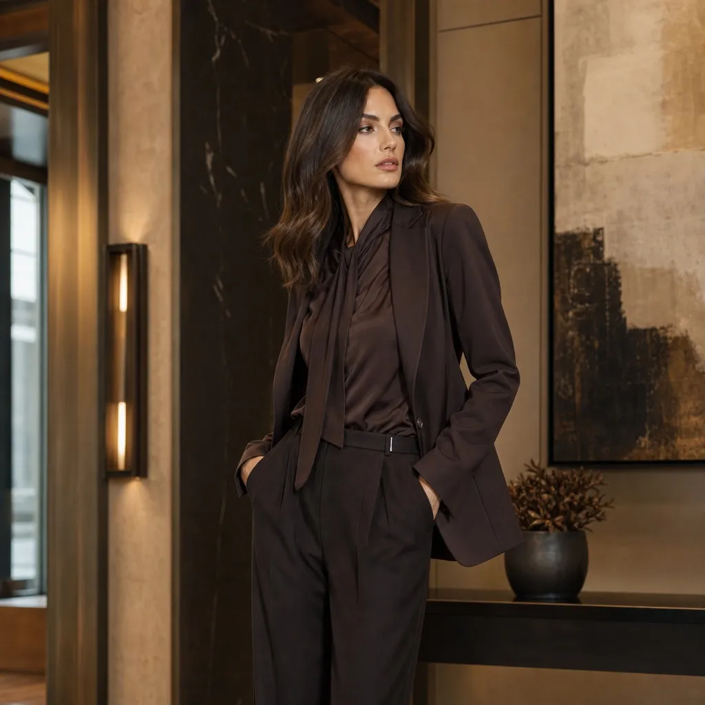 Dark brown monochrome suit with tie-neck blouse