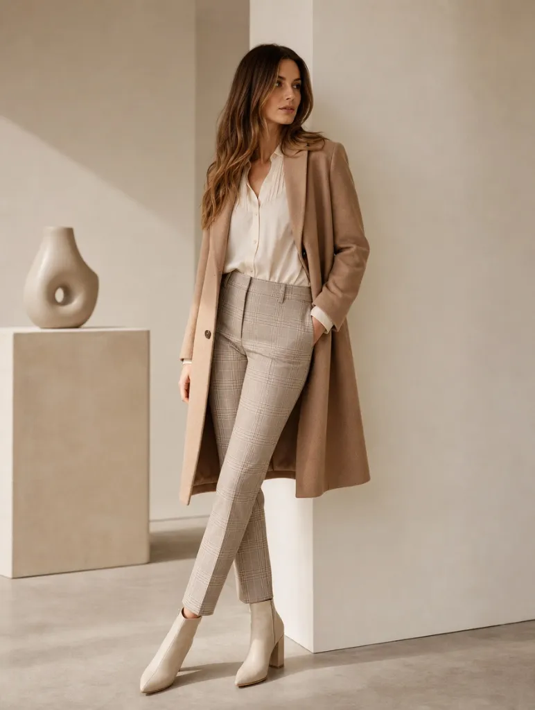 Camel wool coat with cream blouse and grey plaid slim trousers with cream ankle boots