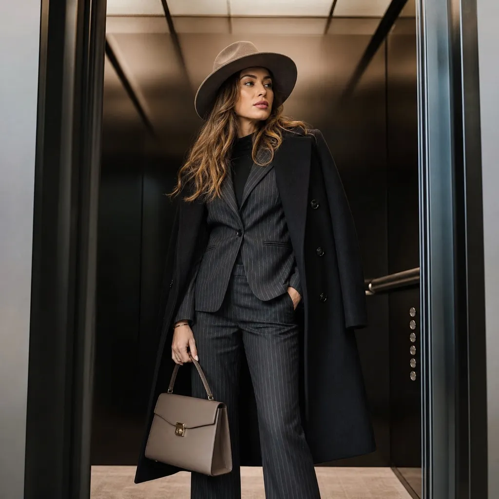 Charcoal pinstripe suit with a black turtleneck, a long black coat draped on shoulders, a camel fedora, and a taupe bag