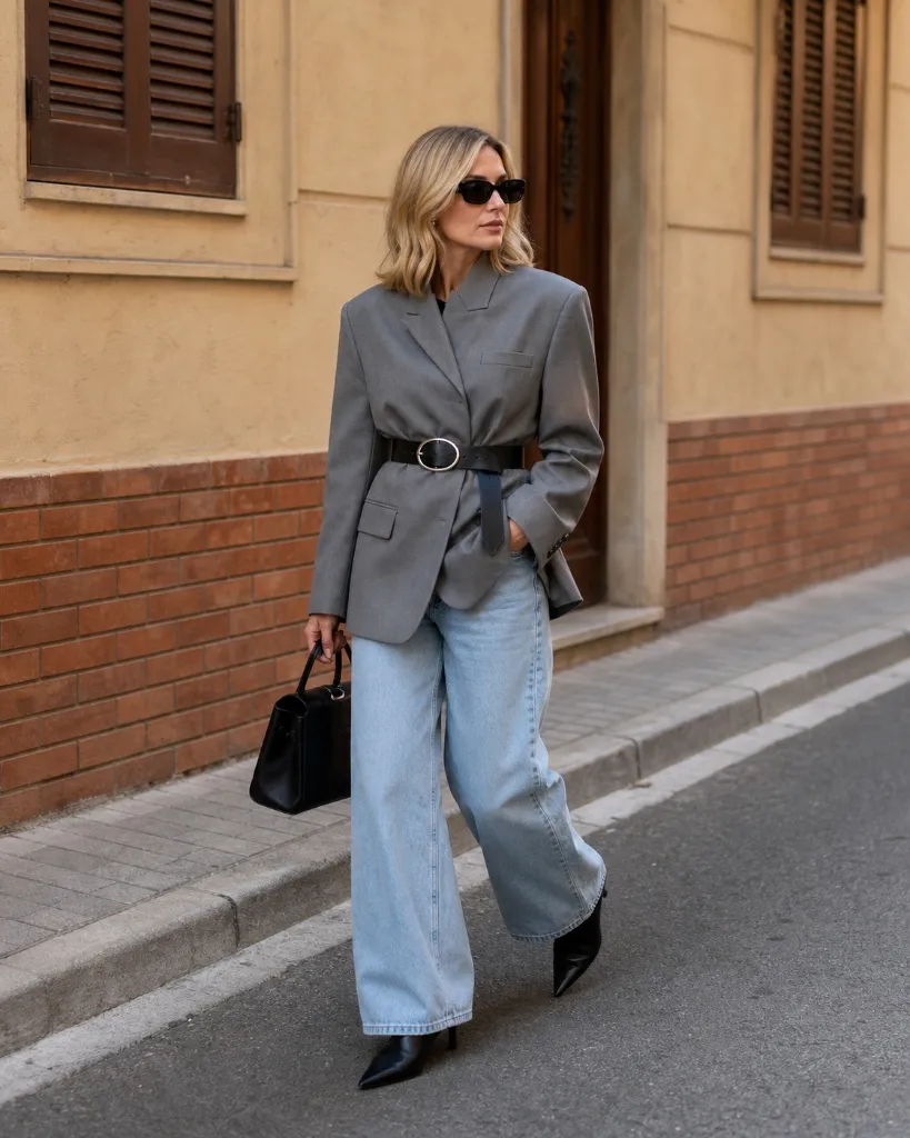 Grey oversized blazer belted at the waist with light wash wide-leg jeans
