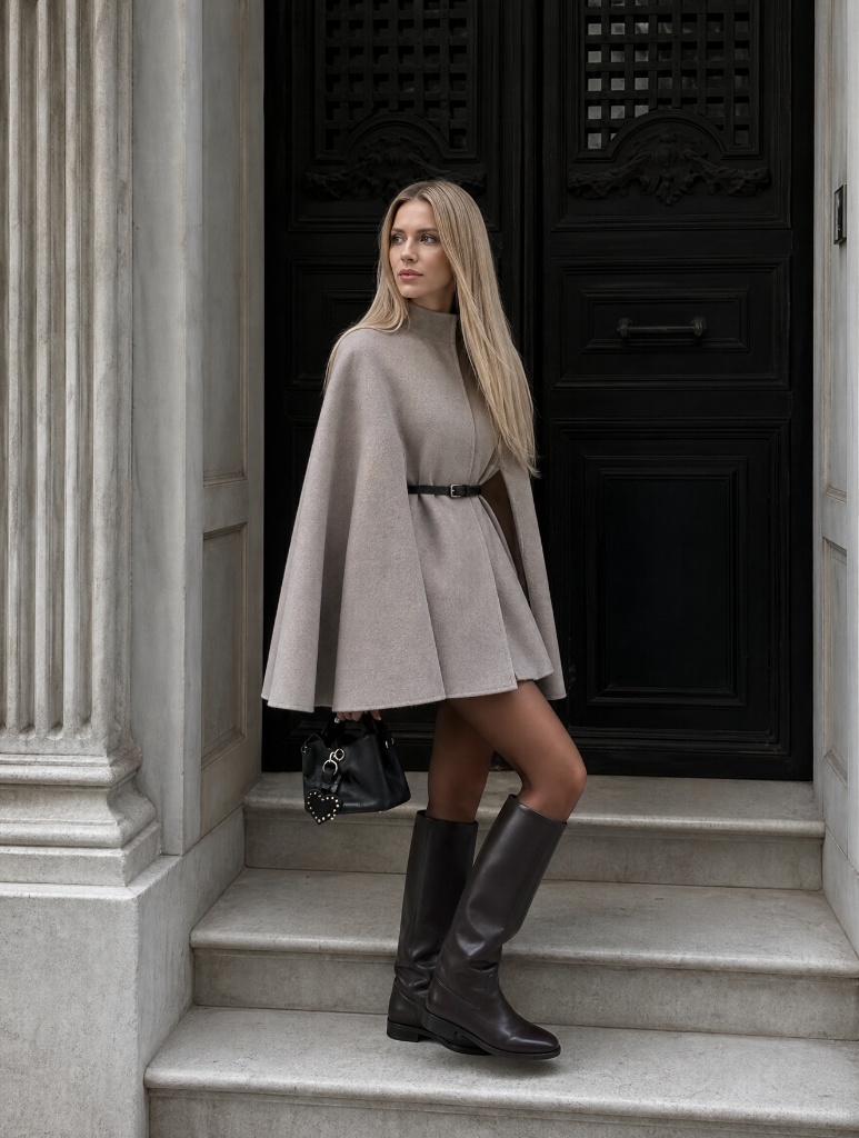Woman in taupe wool cape with belt, sheer tights and brown knee-high boots on stone steps