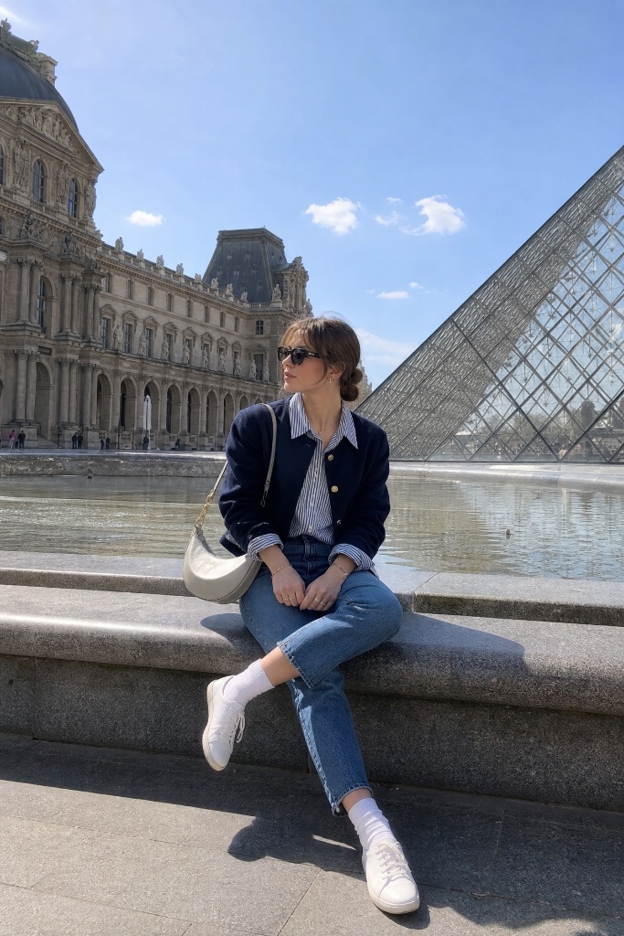 Navy cardigan jacket with striped shirt, cropped jeans and white sneakers