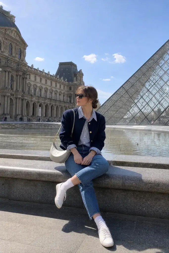 Navy cardigan jacket with striped shirt, cropped jeans and white sneakers