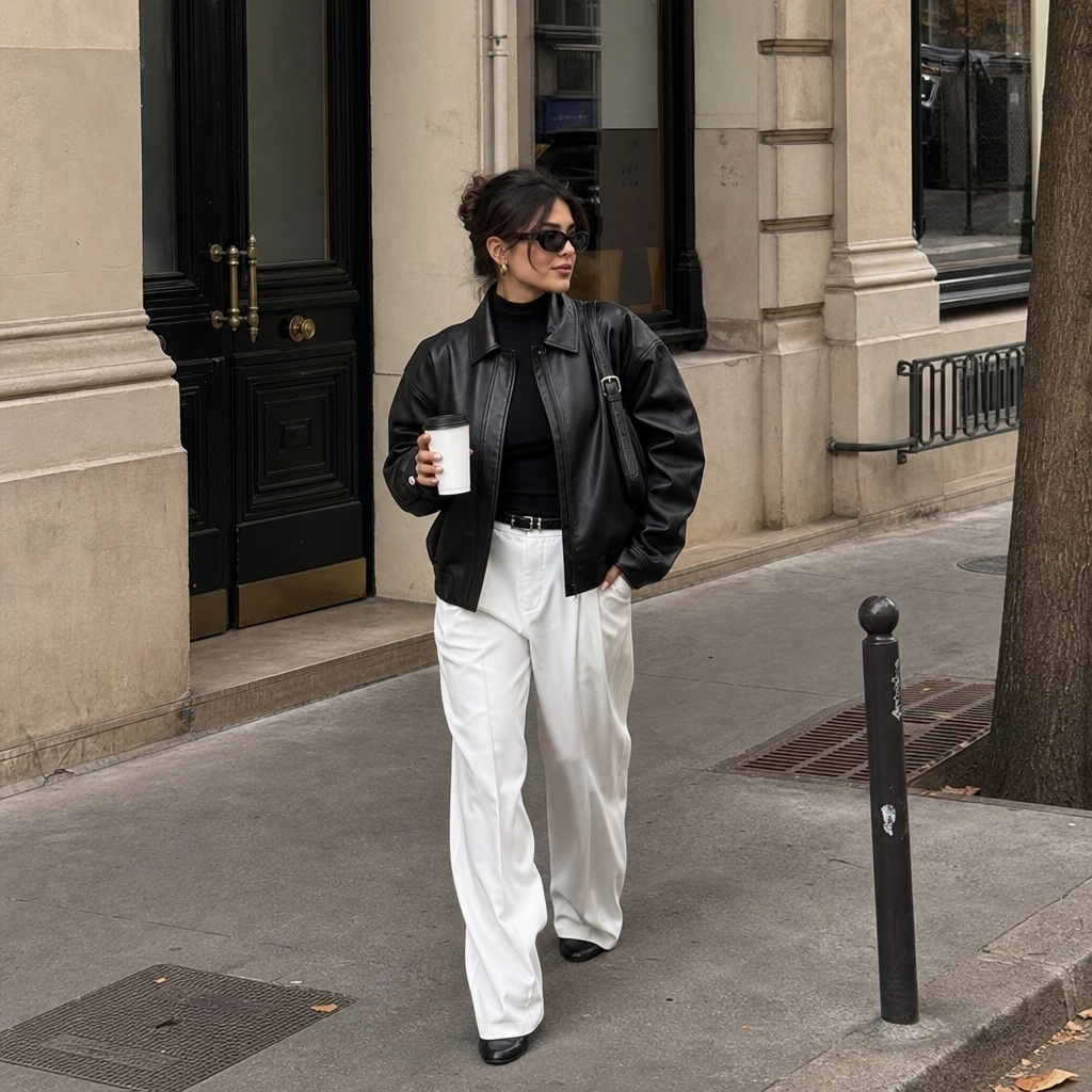 Black leather bomber jacket with white wide-leg trousers