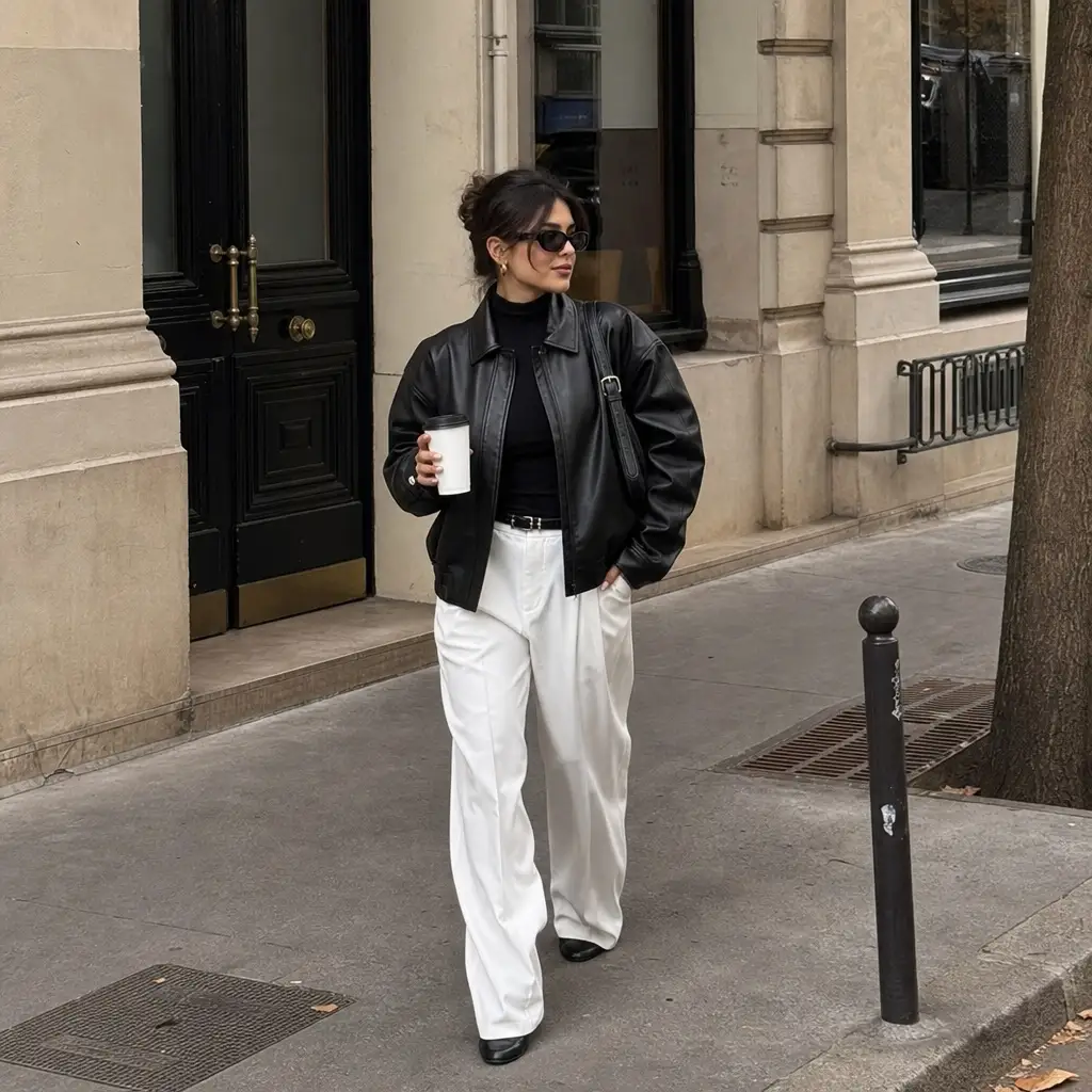 Black leather bomber jacket with white wide-leg trousers