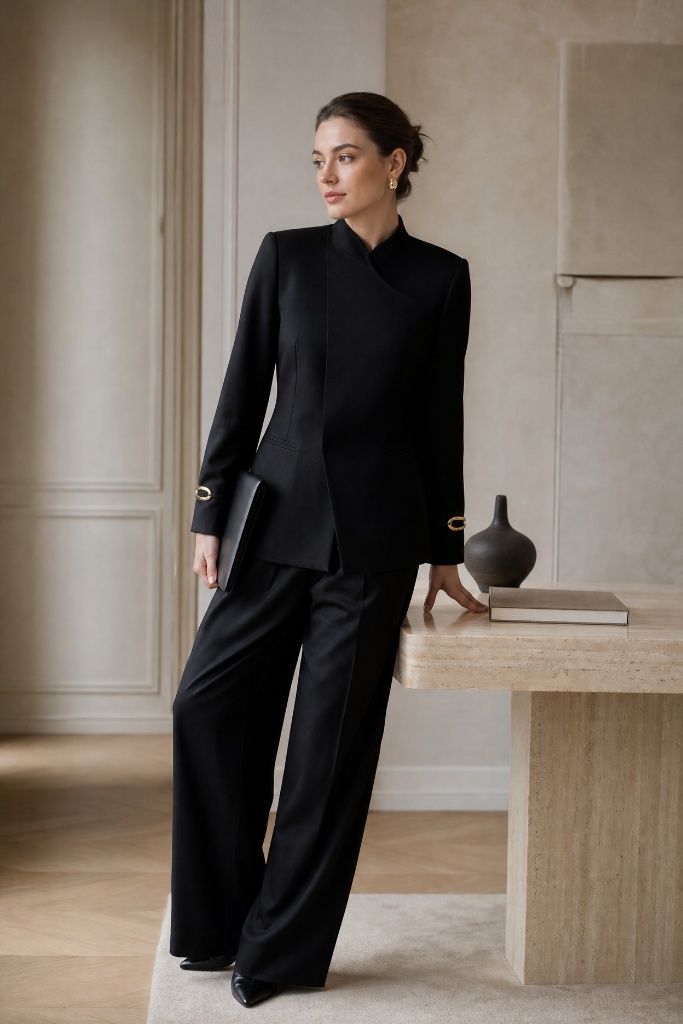 Sleek black asymmetric high-neck blazer with gold cuff details and matching wide-leg trousers