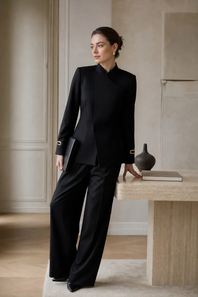Sleek black asymmetric high-neck blazer with gold cuff details and matching wide-leg trousers