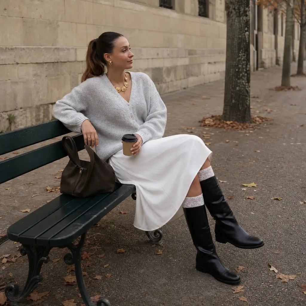 Woman seated on a bench in grey cardigan, white slip skirt, lace socks and tall black boots