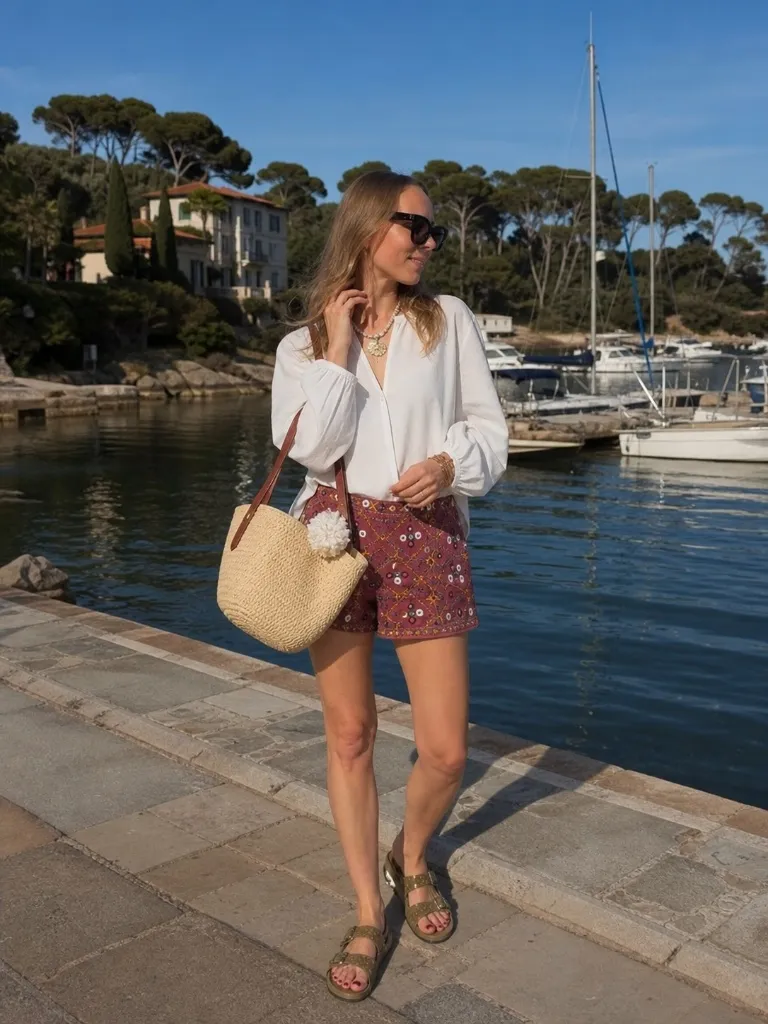 White blouse with printed shorts by the harbor