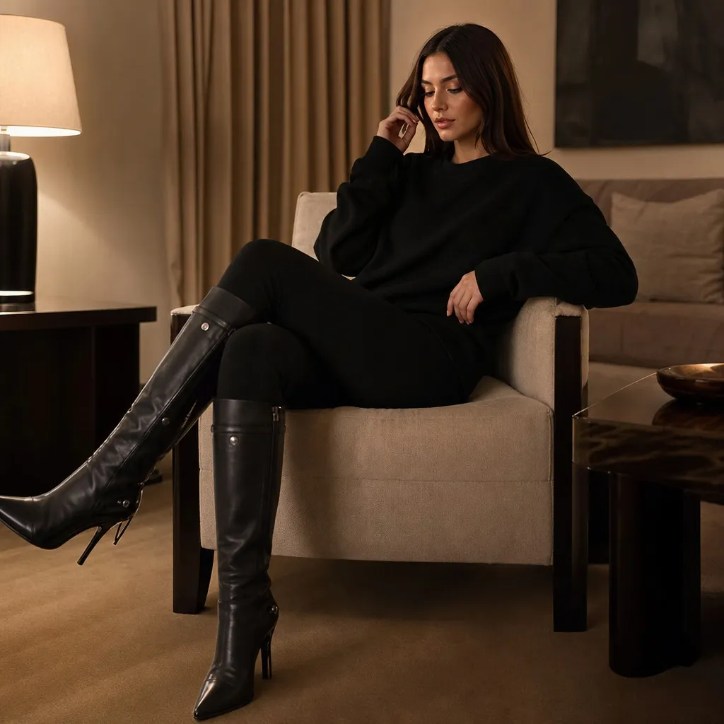 Black oversized sweater with black leggings and tall black stiletto boots