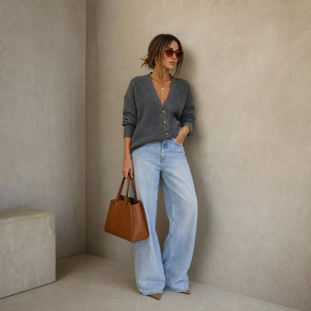 Grey cardigan with light wide leg jeans and tan bag