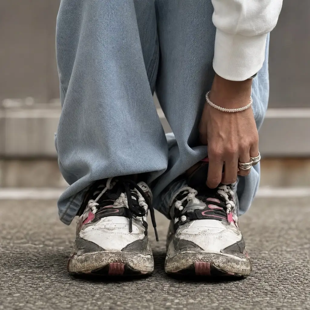 Light wash baggy jeans with worn chunky sneakers and pearl bracelet