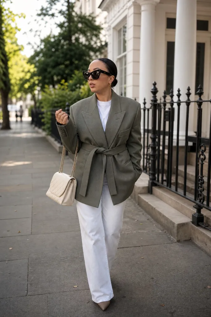Olive belted blazer with white t-shirt, white wide trousers and nude heels