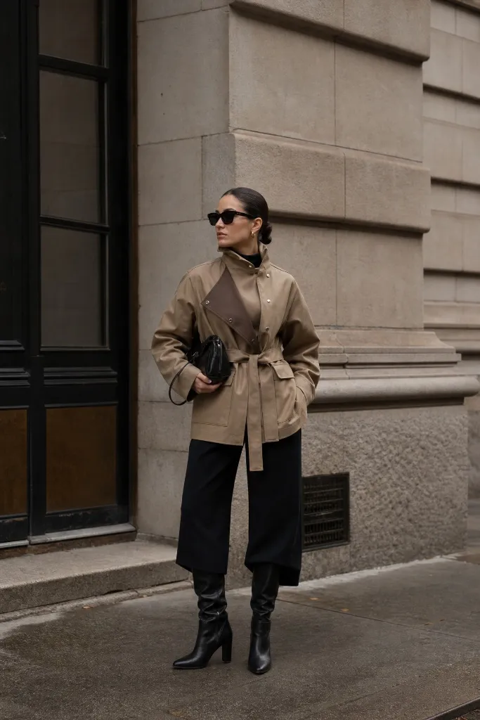 Woman in tan utility jacket with belt, black culottes and black heeled boots