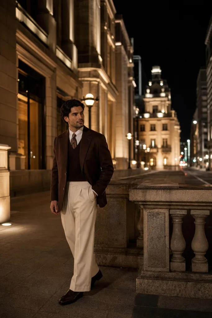 Evening men's style with chocolate brown blazer, brown v-neck sweater, tie, and cream wide-leg trousers