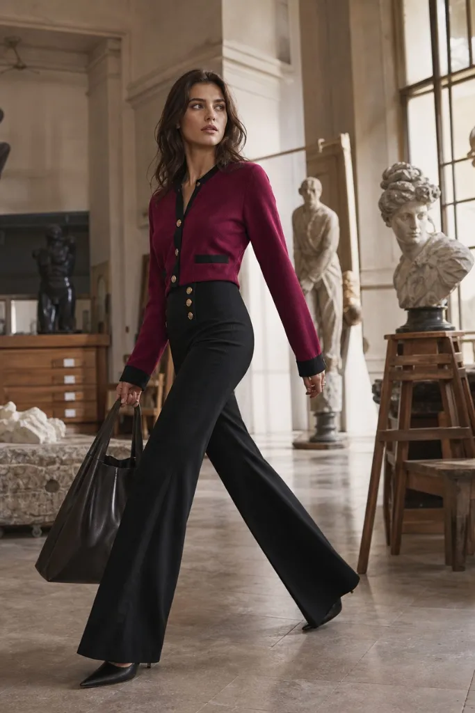 Burgundy and black cardigan with high-waisted flared black trousers