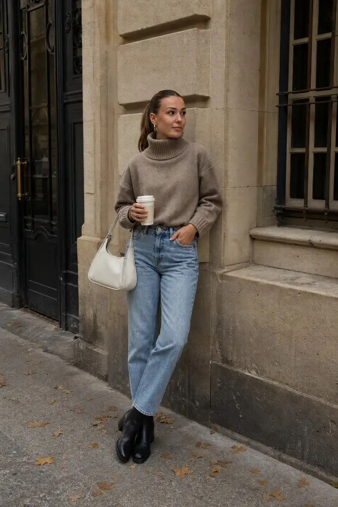 Woman in taupe turtleneck sweater, light wash jeans and black ankle boots holding coffee