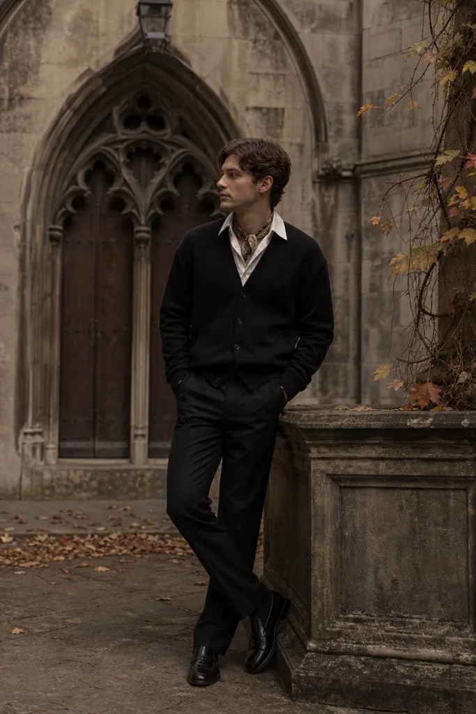 Dark academia men's fall outfit with black cardigan, white shirt, patterned silk scarf, and black trousers in front of gothic architecture