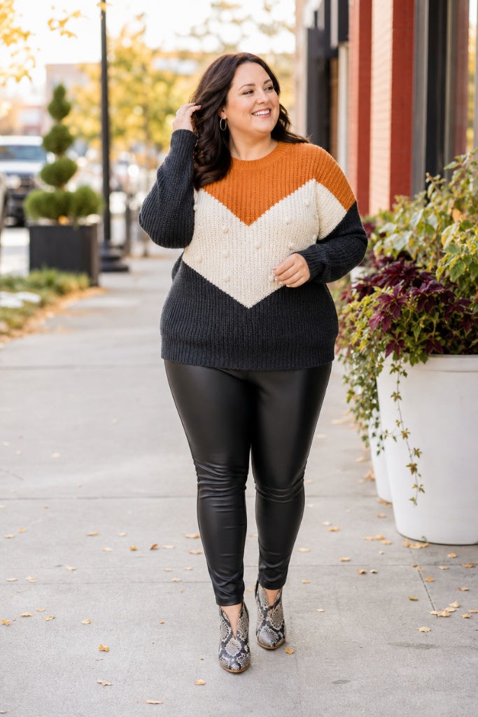 Colorblock chevron sweater with black faux leather leggings and snakeskin booties