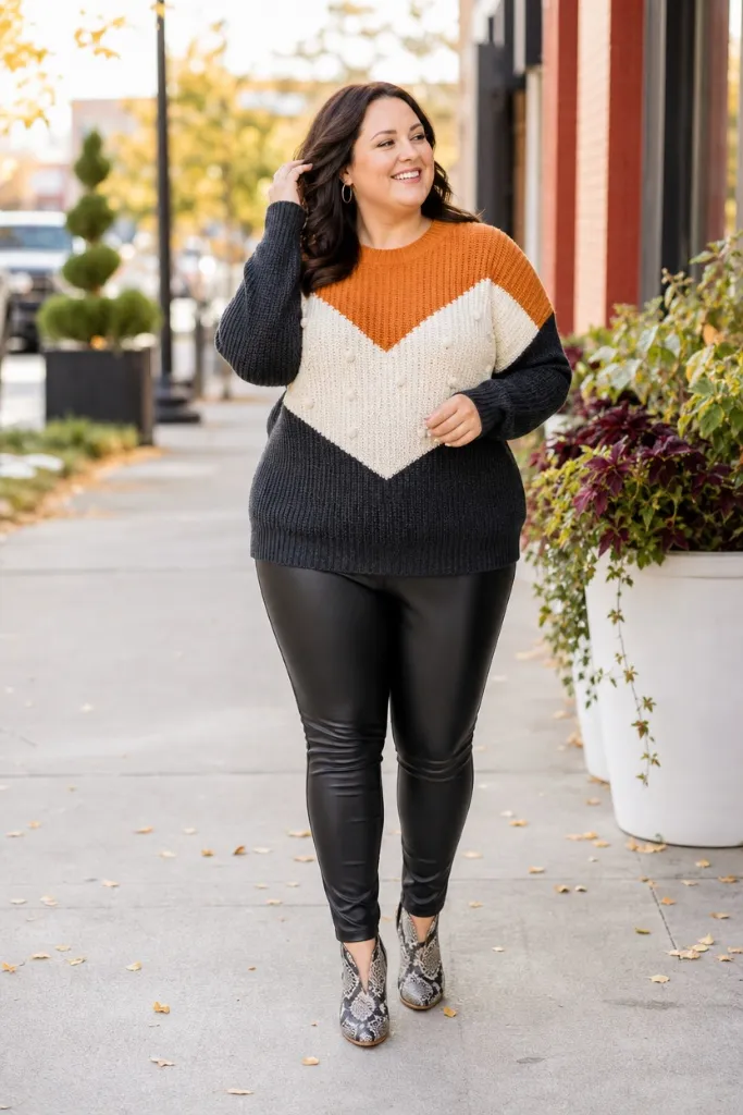 Colorblock chevron sweater with black faux leather leggings and snakeskin booties