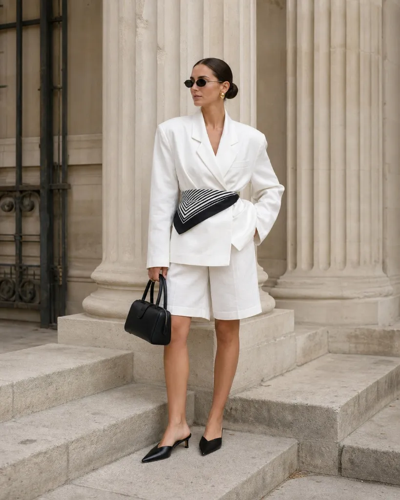 White oversized blazer with matching Bermuda shorts and black mules