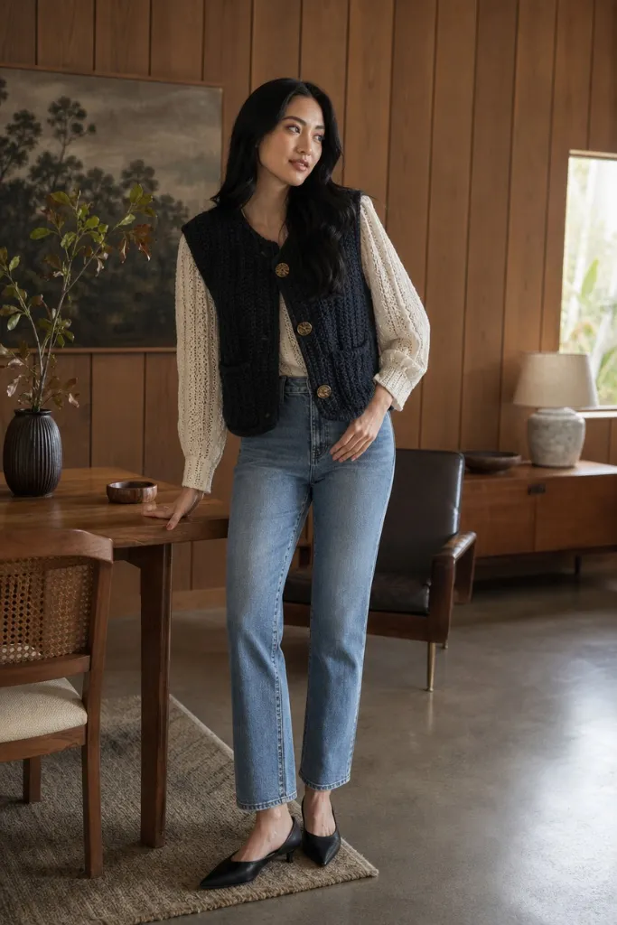Black knit vest over cream blouse with straight-leg jeans