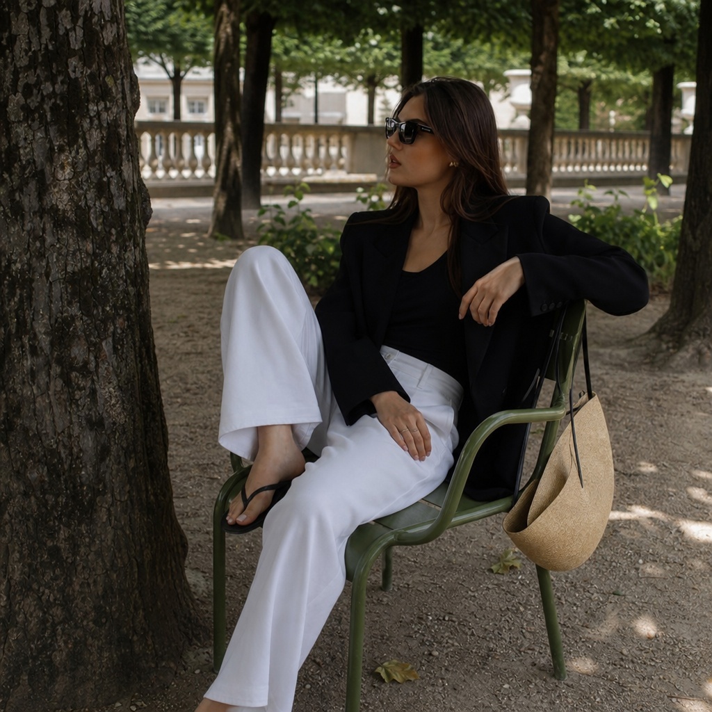 Black blazer with white pants and flip flops in park