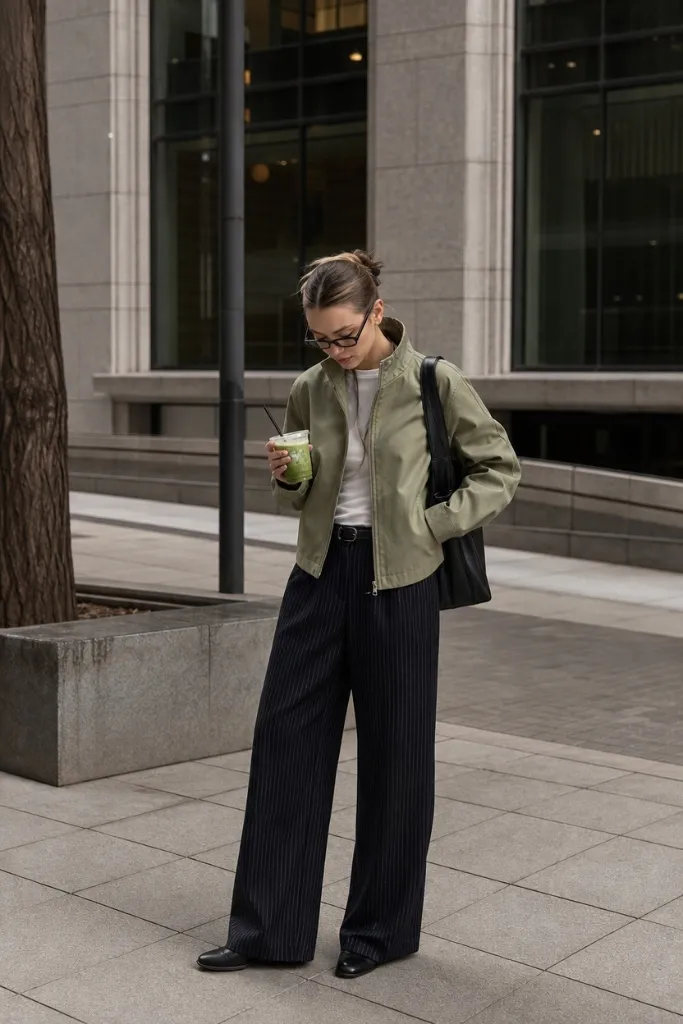Sage green bomber jacket with pinstripe wide-leg trousers