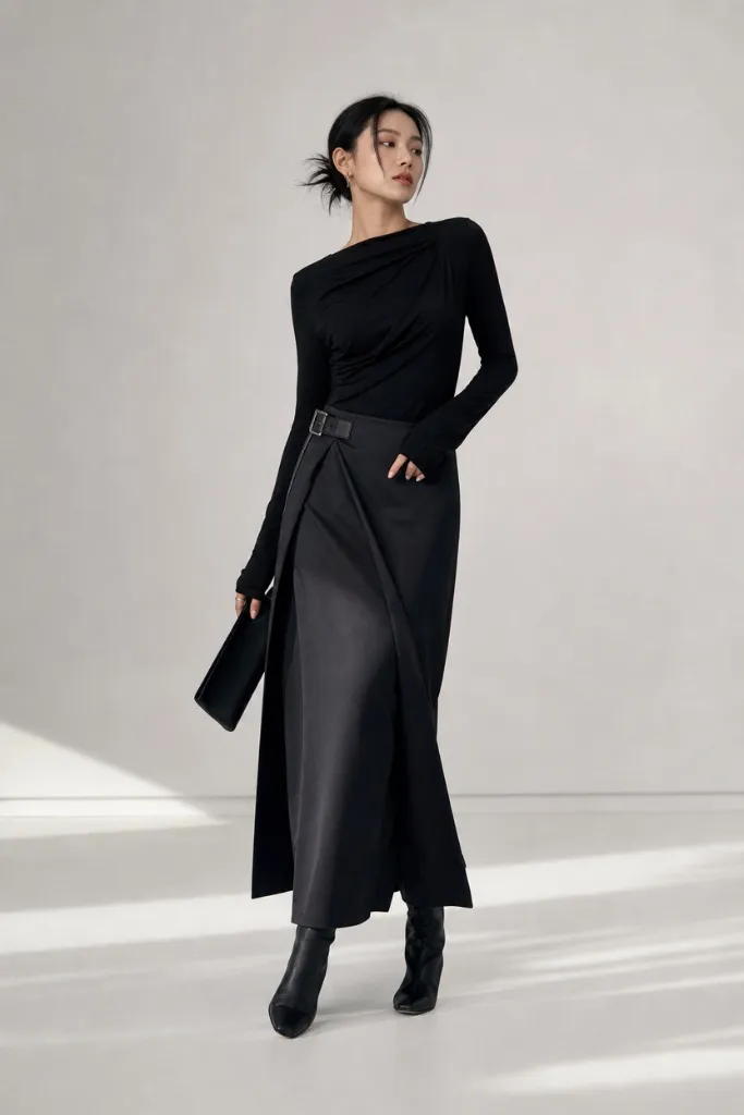 Black draped top with black wrap midi skirt and boots