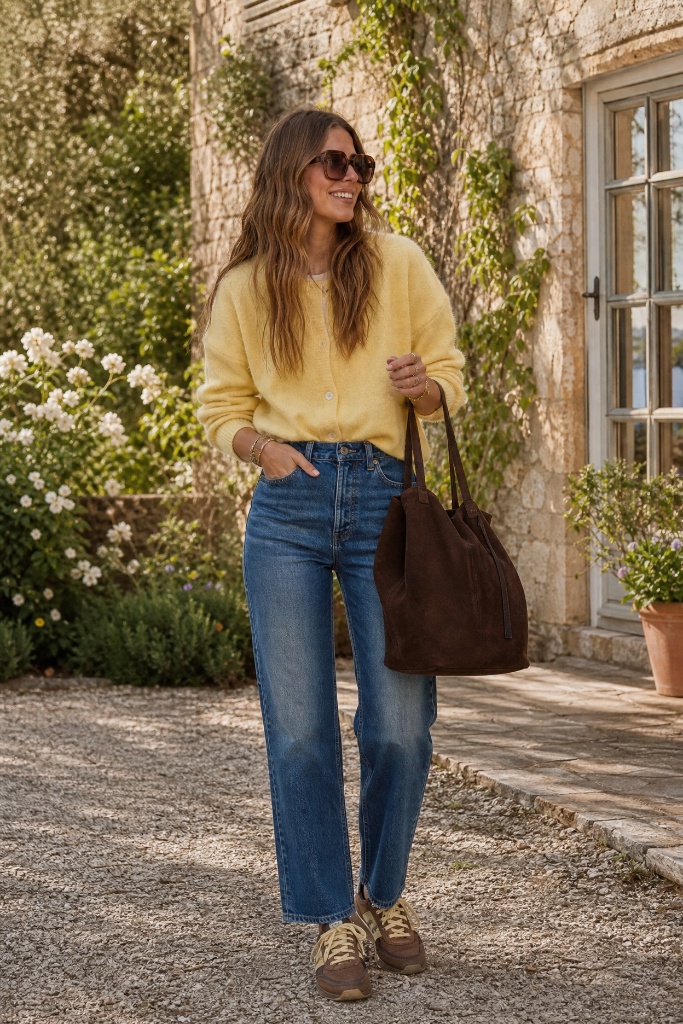 Yellow cardigan with light jeans, brown suede tote and suede sneakers