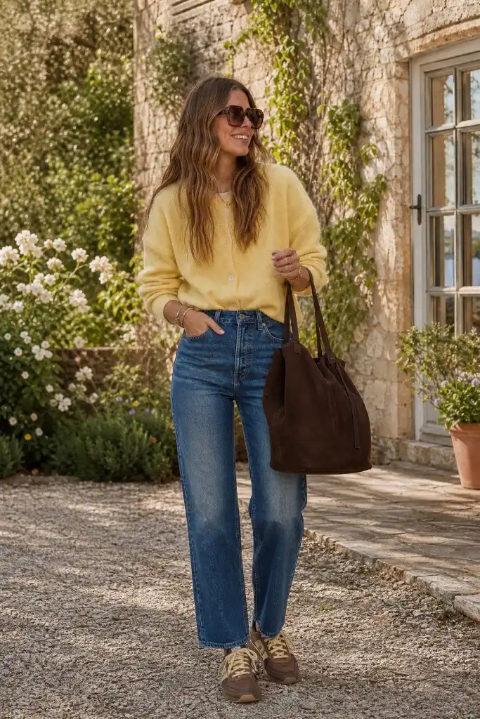 Yellow cardigan with light jeans, brown suede tote and suede sneakers