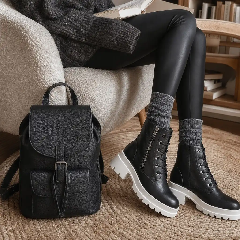 Faux leather leggings with grey socks, black lace-up boots and a black backpack